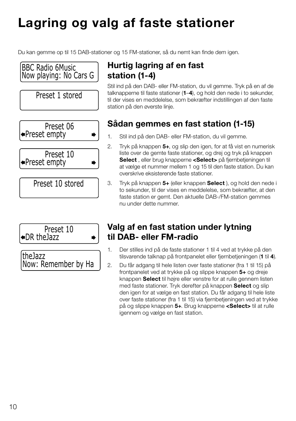 Lagring og valg af faste stationer, Hurtig lagring af en fast station (1-4), Sådan gemmes en fast station (1-15) | Pure Evoke D4 User Manual | Page 92 / 124