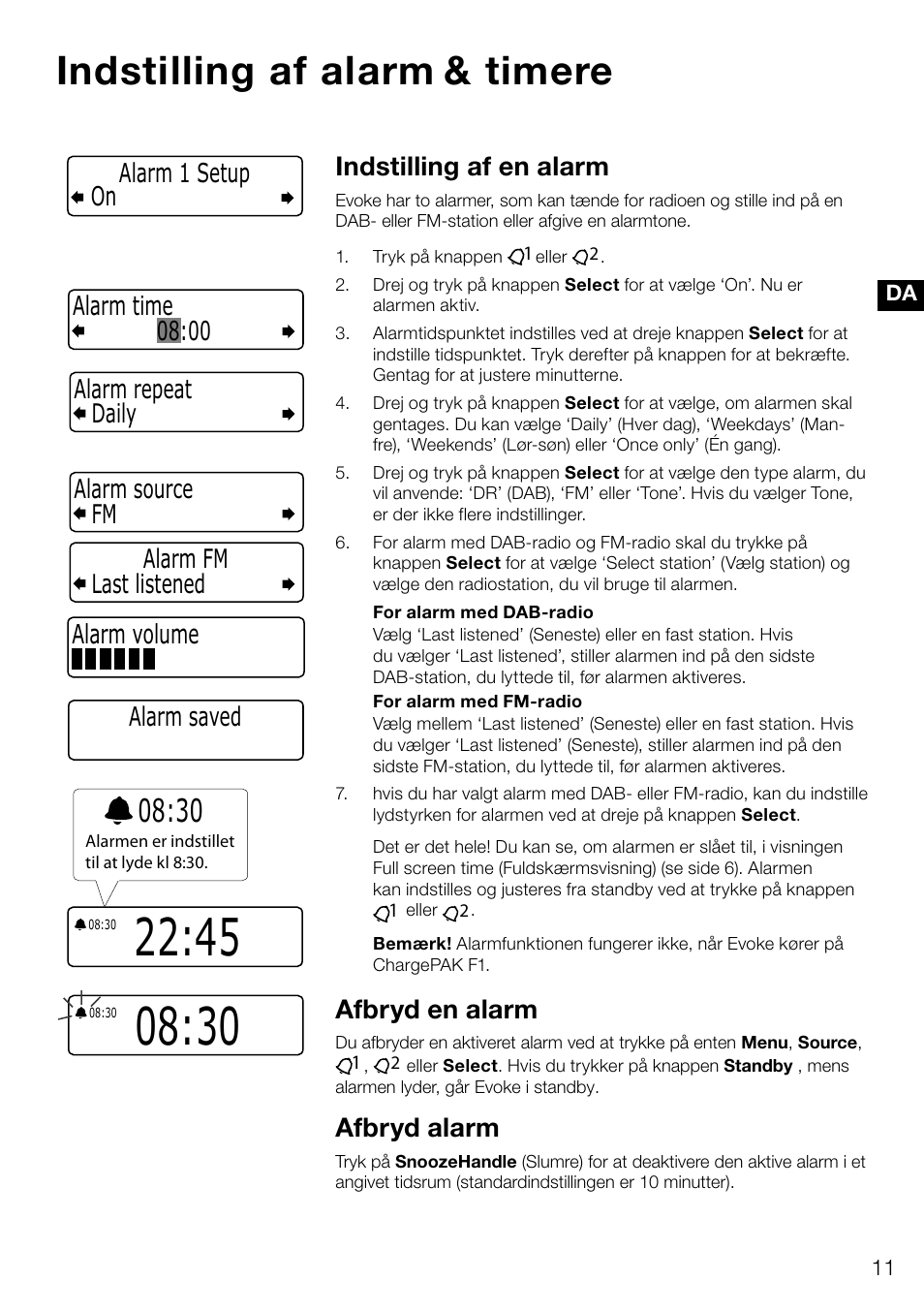 Indstilling af alarm & timere, Indstilling af en alarm, Afbryd en alarm | Afbryd alarm, Alarm volume | Pure Evoke D4 User Manual | Page 93 / 124