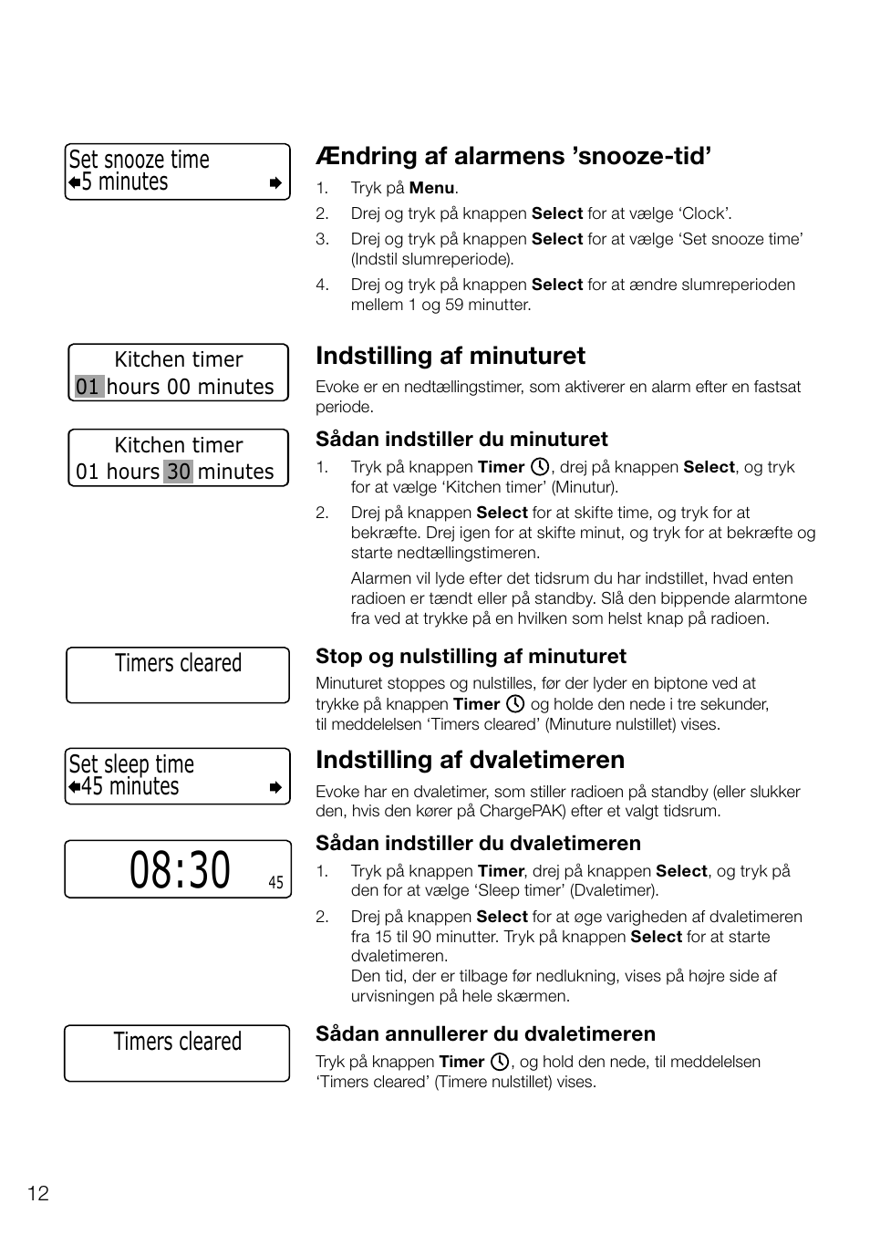 Ændring af alarmens ’snooze-tid, Indstilling af minuturet, Indstilling af dvaletimeren | 45 minutes set sleep time, Timers cleared, 5 minutes set snooze time | Pure Evoke D4 User Manual | Page 94 / 124