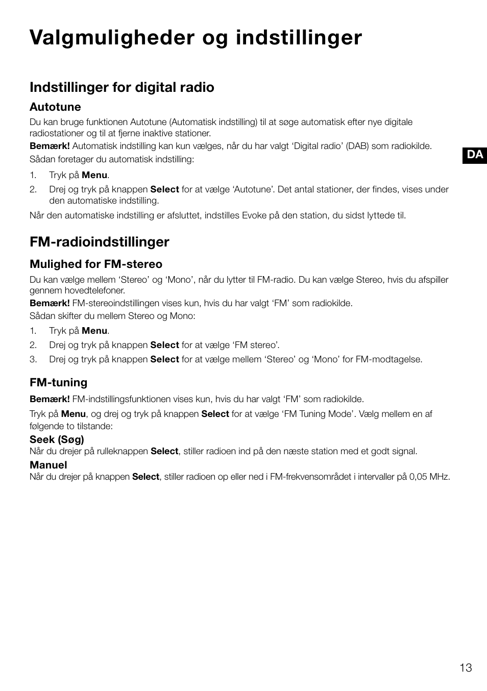 Valgmuligheder og indstillinger, Indstillinger for digital radio, Fm-radioindstillinger | Pure Evoke D4 User Manual | Page 95 / 124