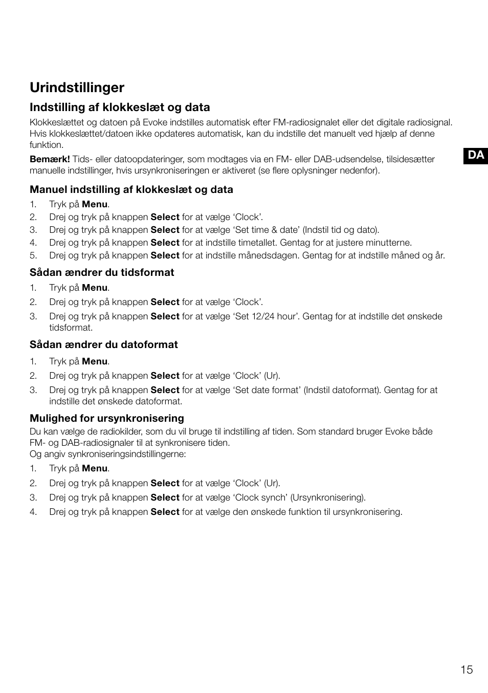 Urindstillinger | Pure Evoke D4 User Manual | Page 97 / 124