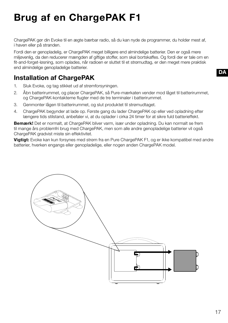 Brug af en chargepak f1, Installation af chargepak | Pure Evoke D4 User Manual | Page 99 / 124