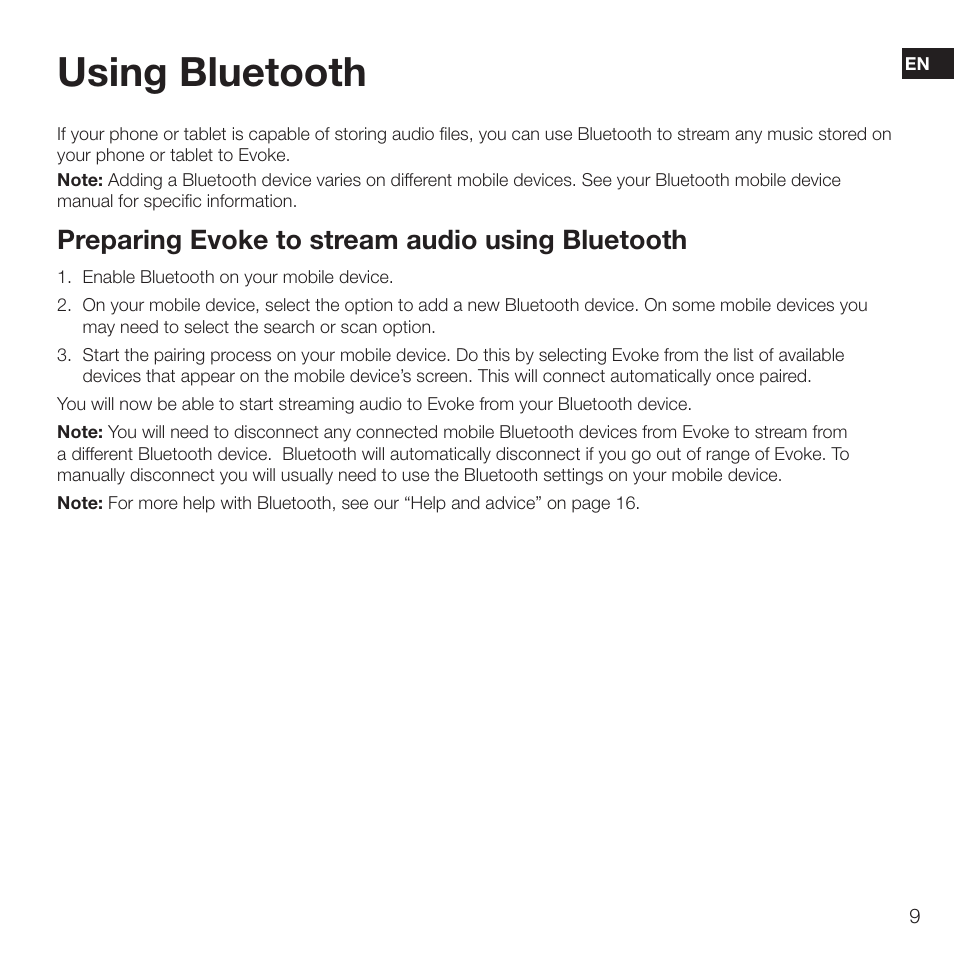 Using bluetooth, Preparing evoke to stream audio using bluetooth | Pure Evoke D2 with Bluetooth User Manual | Page 11 / 96