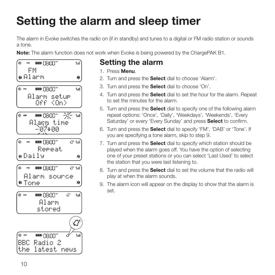 Setting the alarm and sleep timer, Setting the alarm, The latest news bbc radio 2 | Off <on> alarm setup, 00 alarm time, Stored alarm, Fm alarm, Repeat daily, Alarm source tone | Pure Evoke D2 with Bluetooth User Manual | Page 12 / 96