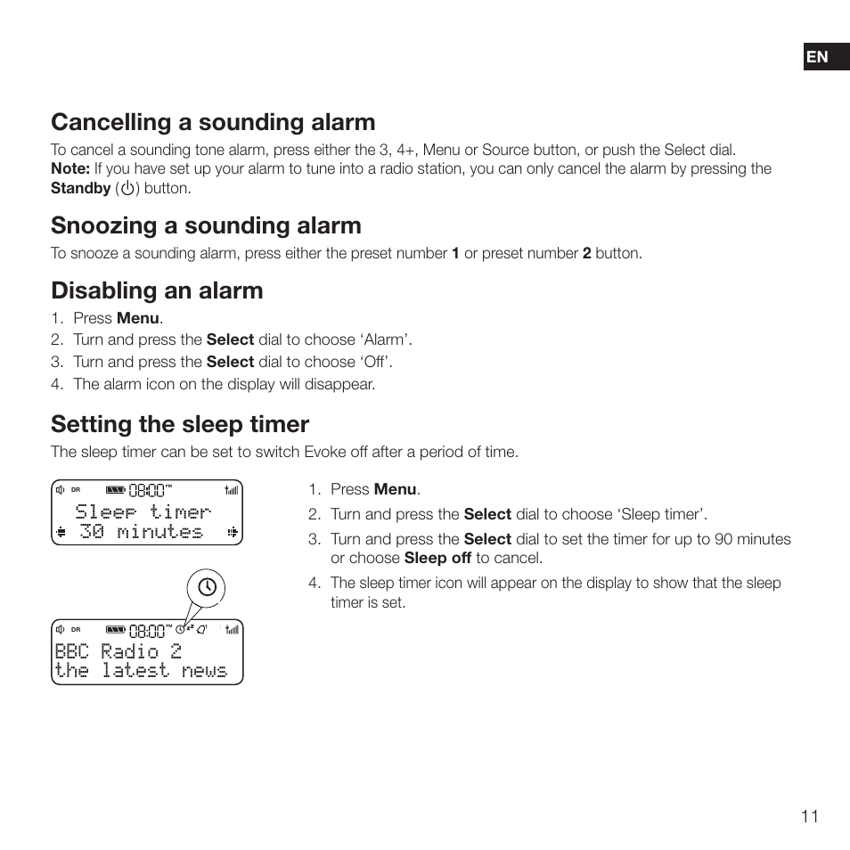 Cancelling a sounding alarm, Snoozing a sounding alarm, Disabling an alarm | Setting the sleep timer, The latest news bbc radio 2, Sleep timer 30 minutes | Pure Evoke D2 with Bluetooth User Manual | Page 13 / 96