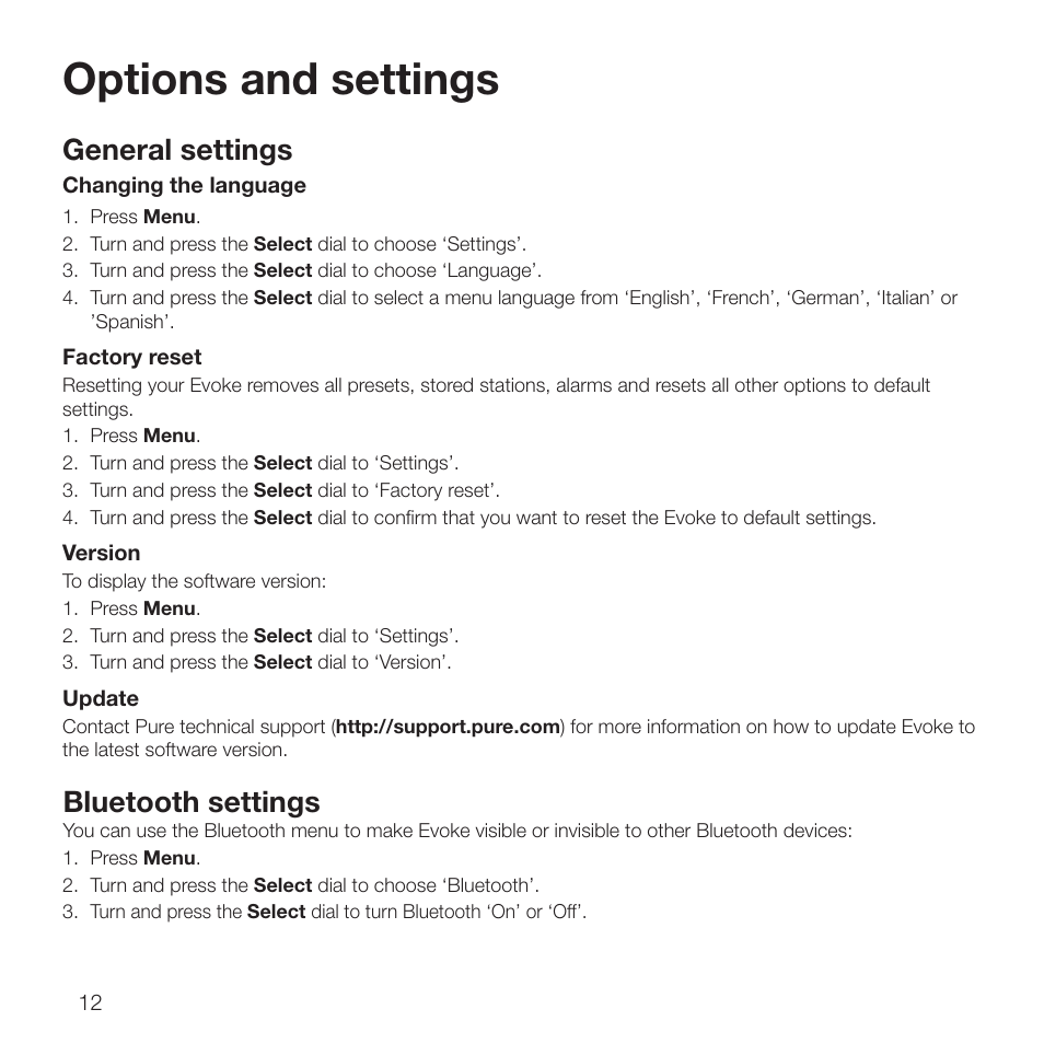 Options and settings, General settings, Bluetooth settings | Pure Evoke D2 with Bluetooth User Manual | Page 14 / 96