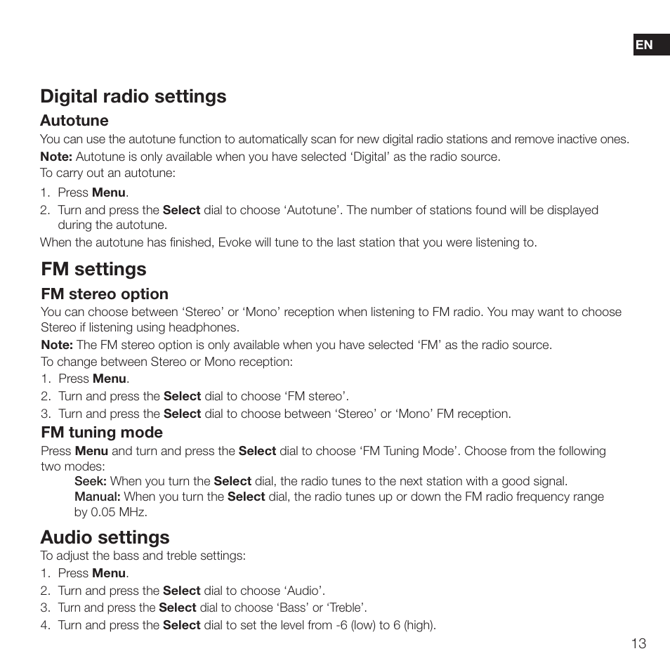 Digital radio settings, Fm settings, Audio settings | Autotune, Fm stereo option, Fm tuning mode | Pure Evoke D2 with Bluetooth User Manual | Page 15 / 96