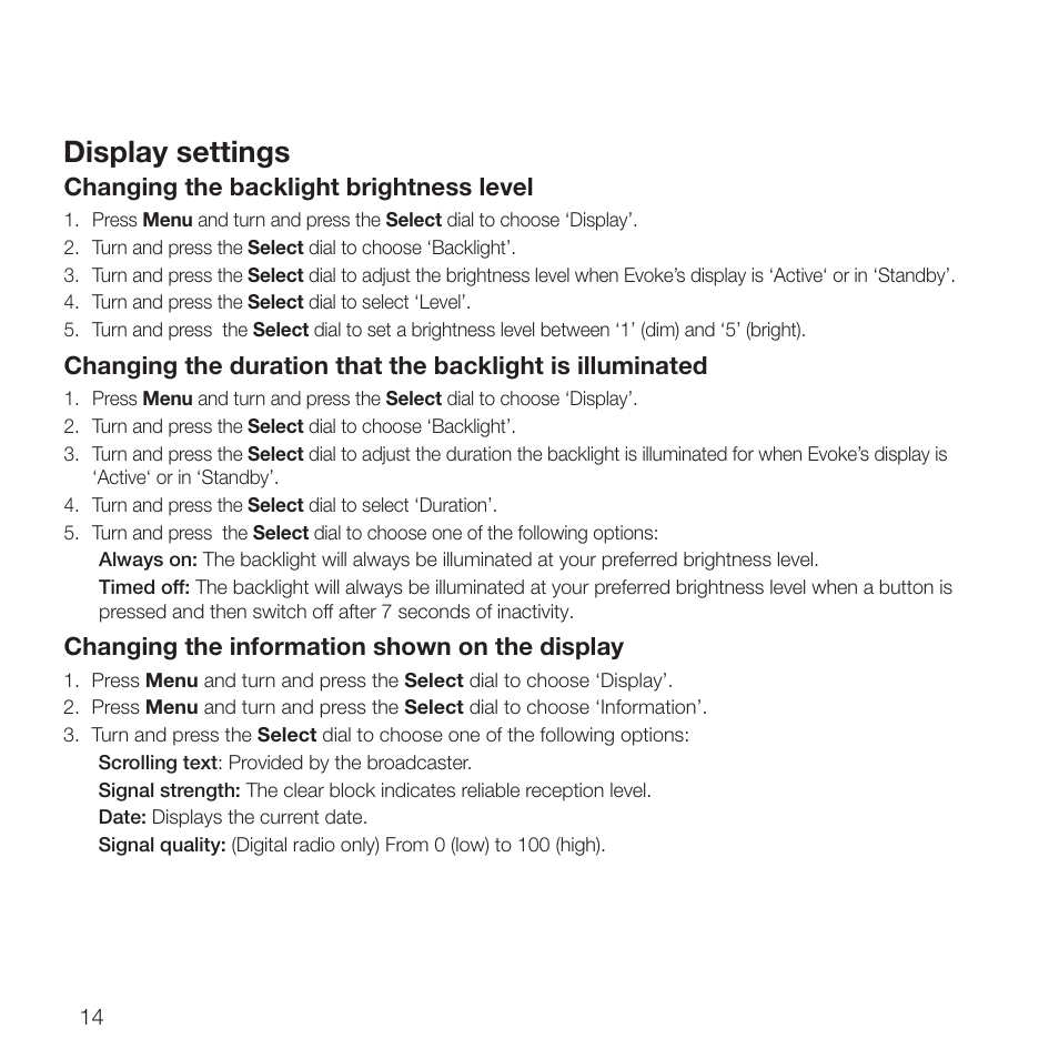 Display settings, Changing the information shown on the display, Changing the backlight brightness level | Pure Evoke D2 with Bluetooth User Manual | Page 16 / 96