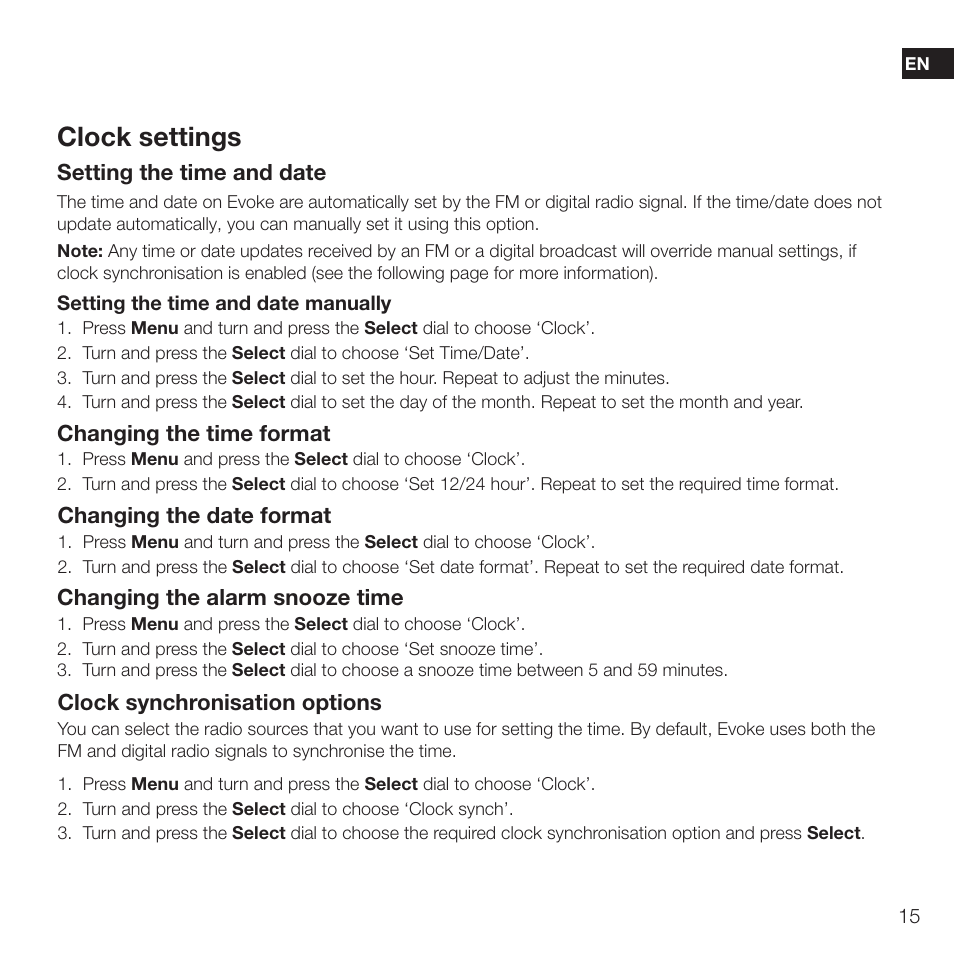 Clock settings, Setting the time and date, Changing the time format | Changing the date format, Clock synchronisation options, Changing the alarm snooze time | Pure Evoke D2 with Bluetooth User Manual | Page 17 / 96
