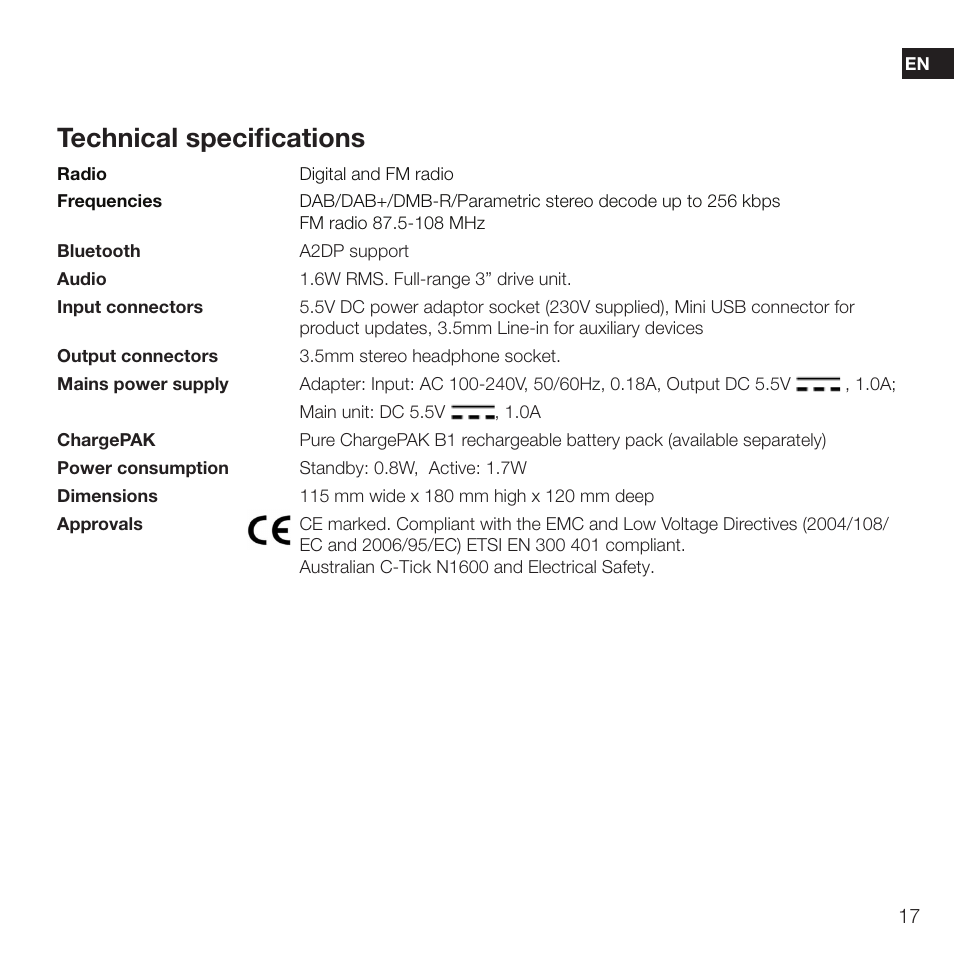 Technical specifications | Pure Evoke D2 with Bluetooth User Manual | Page 19 / 96
