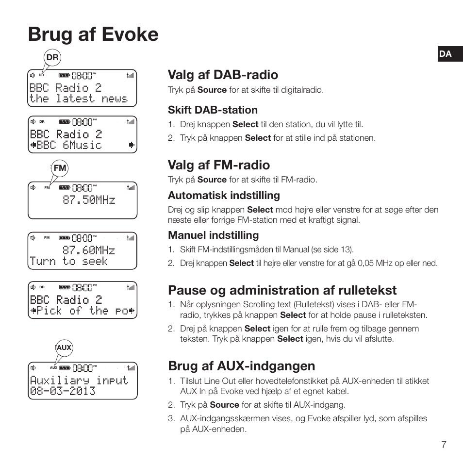 50mhz the latest news bbc radio 2, Brug af evoke, Valg af dab-radio | Valg af fm-radio, Brug af aux-indgangen, Pause og administration af rulletekst, The latest news bbc radio 2, Bbc 6music bbc radio 2 bbc radio 2, Pick of the po bbc radio 2 bbc radio 2 | Pure Evoke D2 with Bluetooth User Manual | Page 27 / 96