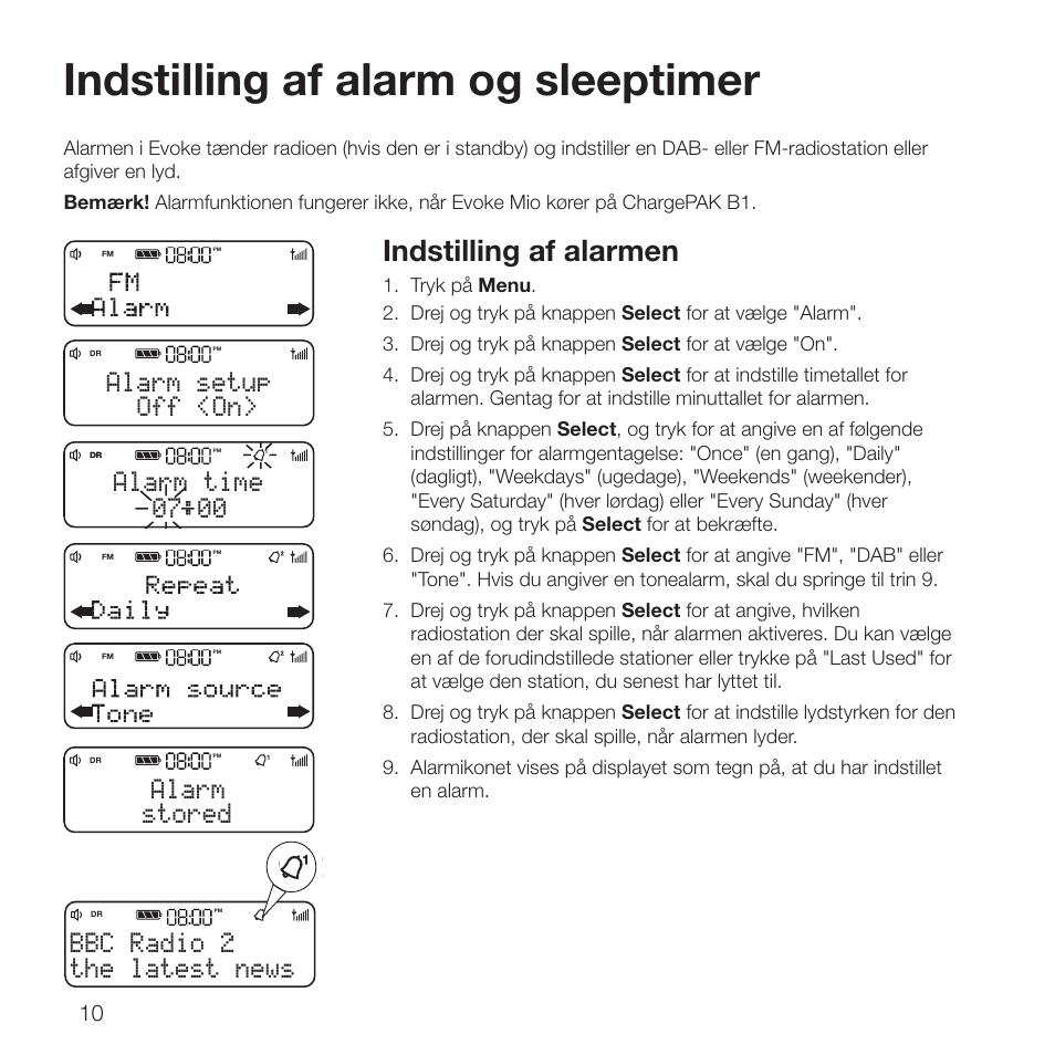 Indstilling af alarm og sleeptimer, Indstilling af alarmen, The latest news bbc radio 2 | Off <on> alarm setup, 00 alarm time, Stored alarm | Pure Evoke D2 with Bluetooth User Manual | Page 30 / 96