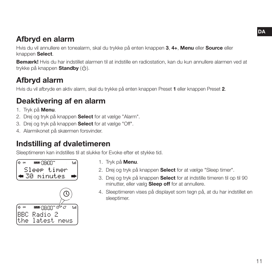 Afbryd en alarm, Afbryd alarm, Deaktivering af en alarm | Indstilling af dvaletimeren, The latest news bbc radio 2 | Pure Evoke D2 with Bluetooth User Manual | Page 31 / 96