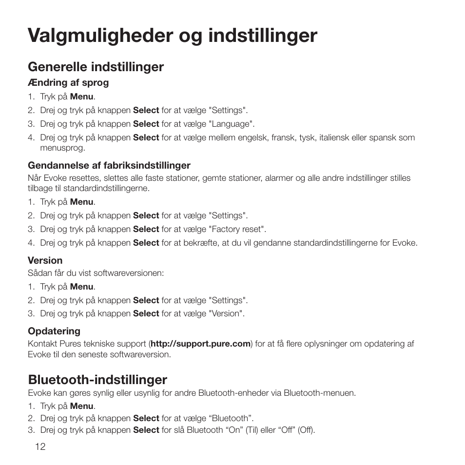 Valgmuligheder og indstillinger, Generelle indstillinger, Bluetooth-indstillinger | Pure Evoke D2 with Bluetooth User Manual | Page 32 / 96