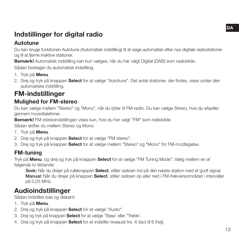 Indstillinger for digital radio, Fm-indstillinger, Audioindstillinger | Pure Evoke D2 with Bluetooth User Manual | Page 33 / 96