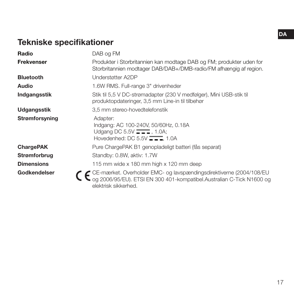 Tekniske specifikationer | Pure Evoke D2 with Bluetooth User Manual | Page 37 / 96