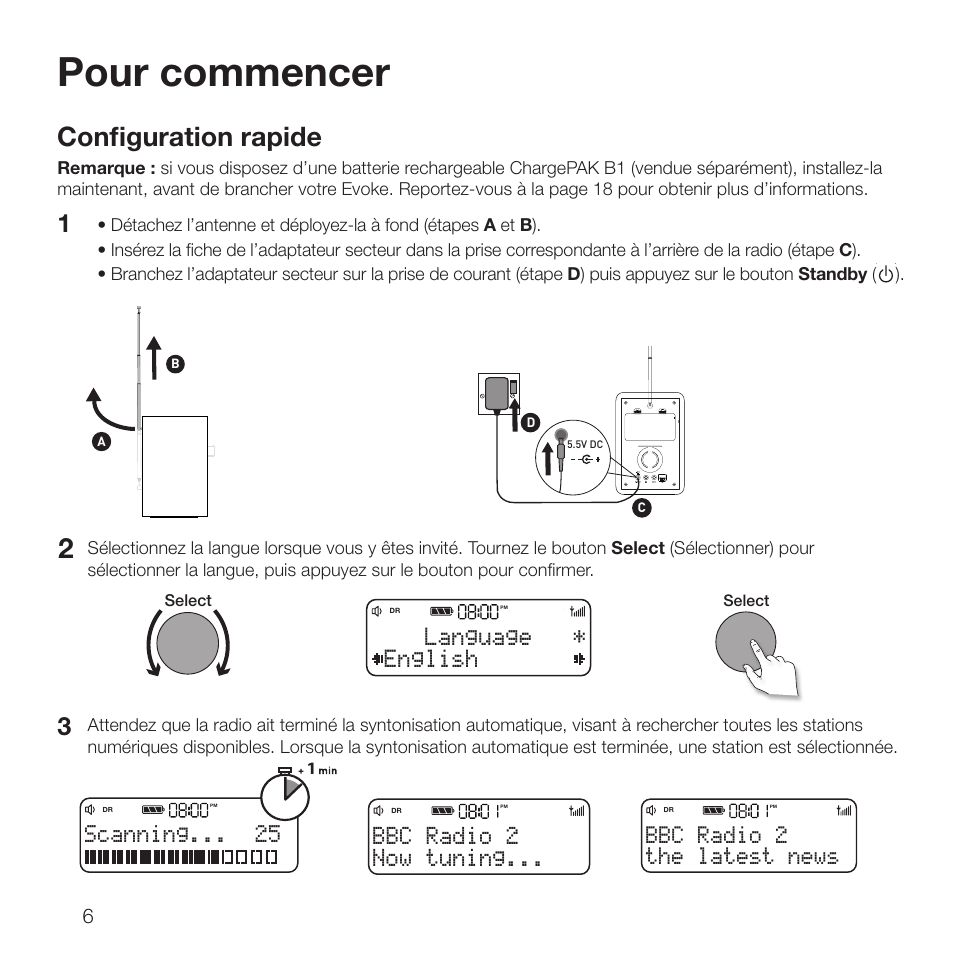 Pour commencer, Configuration rapide, English language | Scanning, Now tuning... bbc radio 2, The latest news bbc radio 2 | Pure Evoke D2 with Bluetooth User Manual | Page 44 / 96