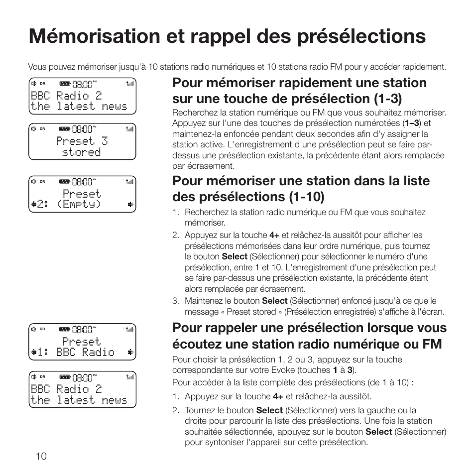 Mémorisation et rappel des présélections, Stored preset 3, (empty) preset the latest news bbc radio 2 | Bbc radio preset the latest news bbc radio 2 | Pure Evoke D2 with Bluetooth User Manual | Page 48 / 96