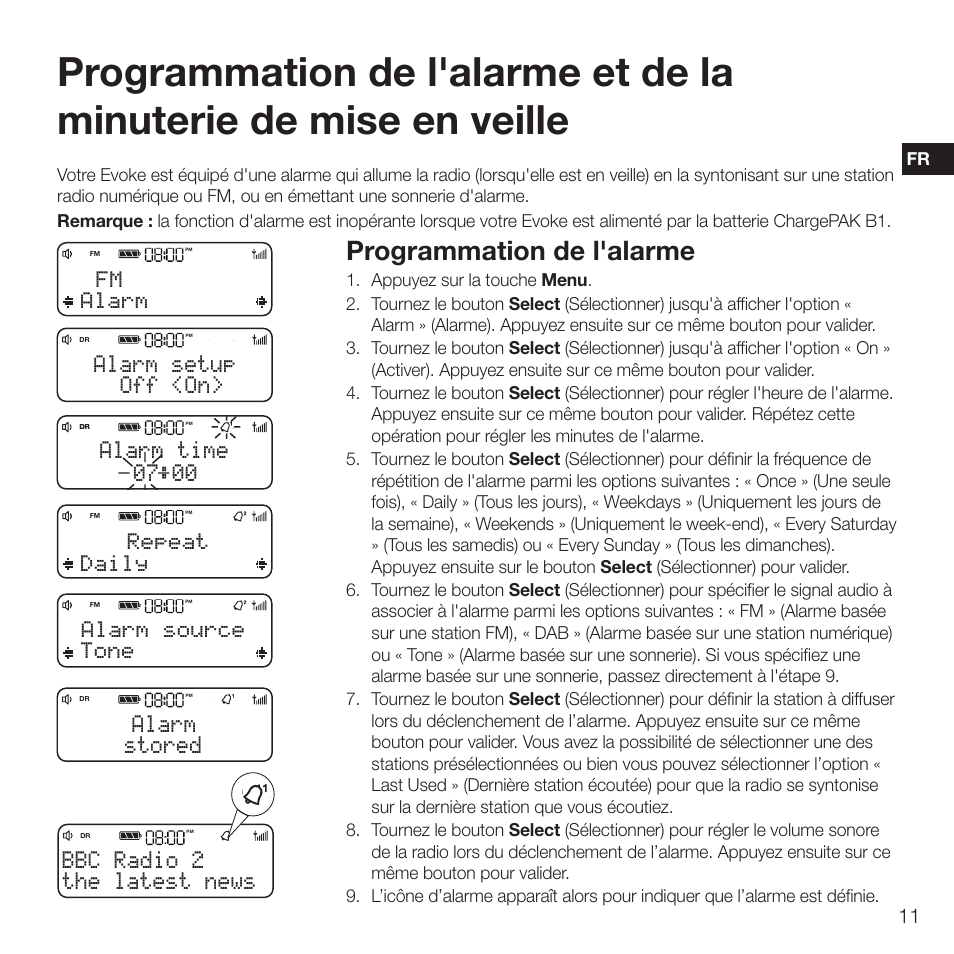 Programmation de l'alarme, The latest news bbc radio 2, Off <on> alarm setup | 00 alarm time, Stored alarm, Fm alarm, Repeat daily, Alarm source tone | Pure Evoke D2 with Bluetooth User Manual | Page 49 / 96
