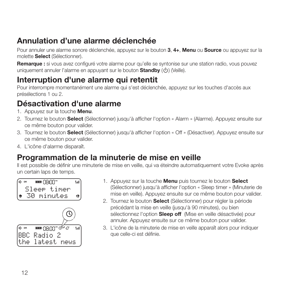 Annulation d’une alarme déclenchée, Interruption d'une alarme qui retentit, Désactivation d'une alarme | Programmation de la minuterie de mise en veille, The latest news bbc radio 2, Sleep timer 30 minutes | Pure Evoke D2 with Bluetooth User Manual | Page 50 / 96