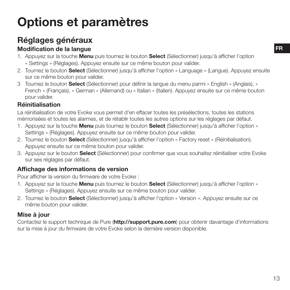 Options et paramètres, Réglages généraux | Pure Evoke D2 with Bluetooth User Manual | Page 51 / 96
