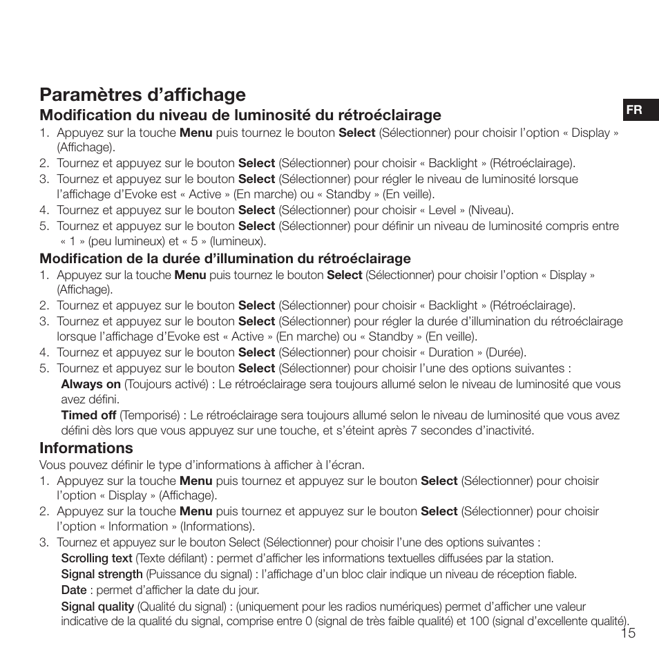 Paramètres d’affichage, Informations | Pure Evoke D2 with Bluetooth User Manual | Page 53 / 96