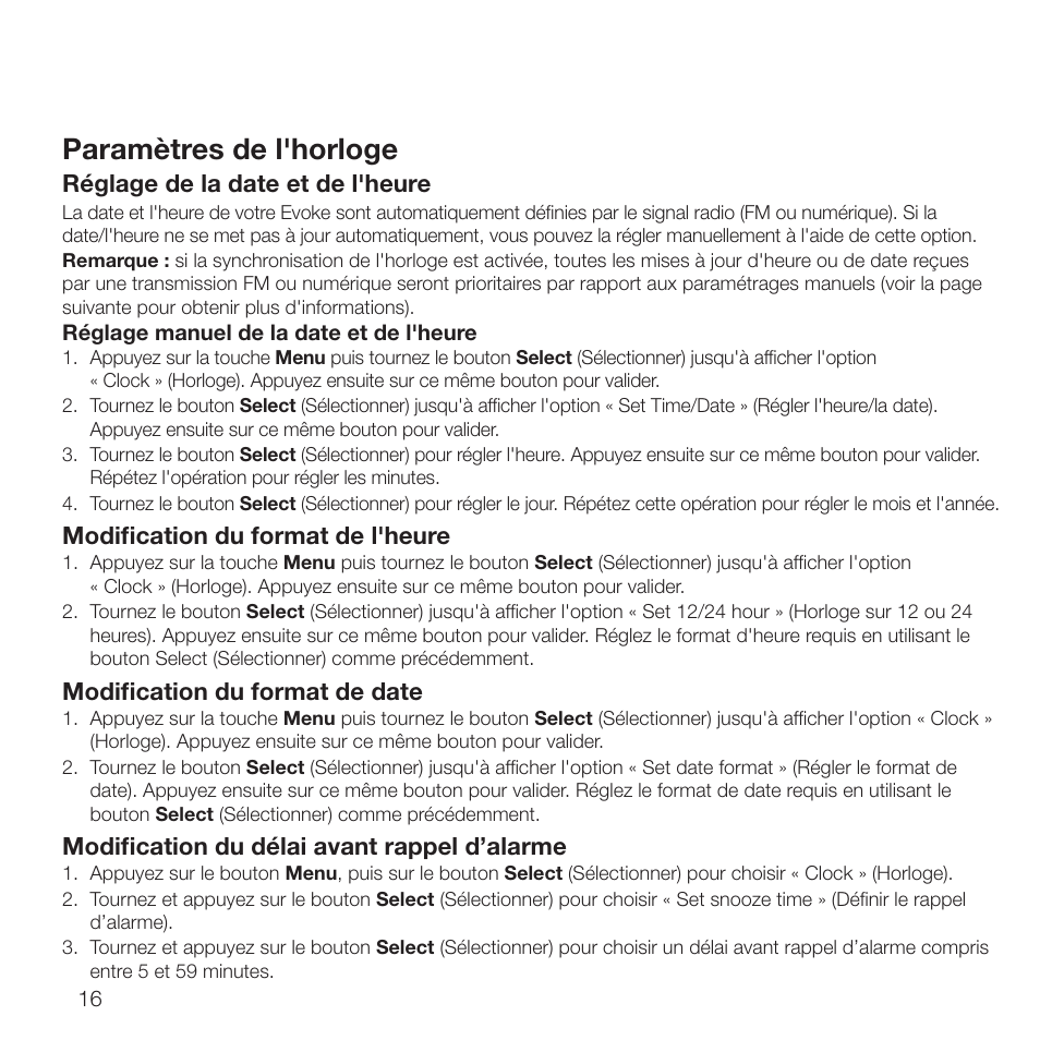 Paramètres de l'horloge, Réglage de la date et de l'heure, Modification du format de l'heure | Modification du format de date, Modification du délai avant rappel d’alarme | Pure Evoke D2 with Bluetooth User Manual | Page 54 / 96