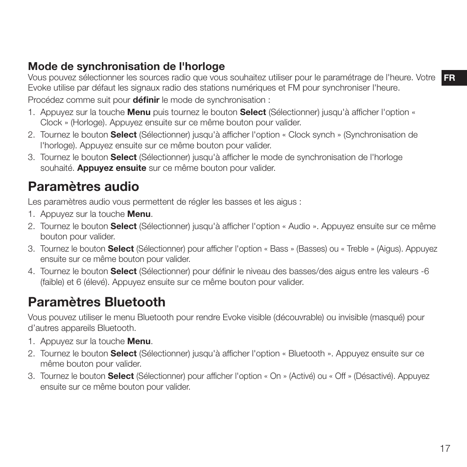 Paramètres audio, Paramètres bluetooth, Mode de synchronisation de l'horloge | Pure Evoke D2 with Bluetooth User Manual | Page 55 / 96