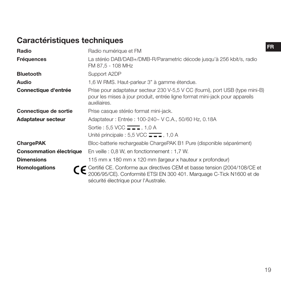 Caractéristiques techniques | Pure Evoke D2 with Bluetooth User Manual | Page 57 / 96