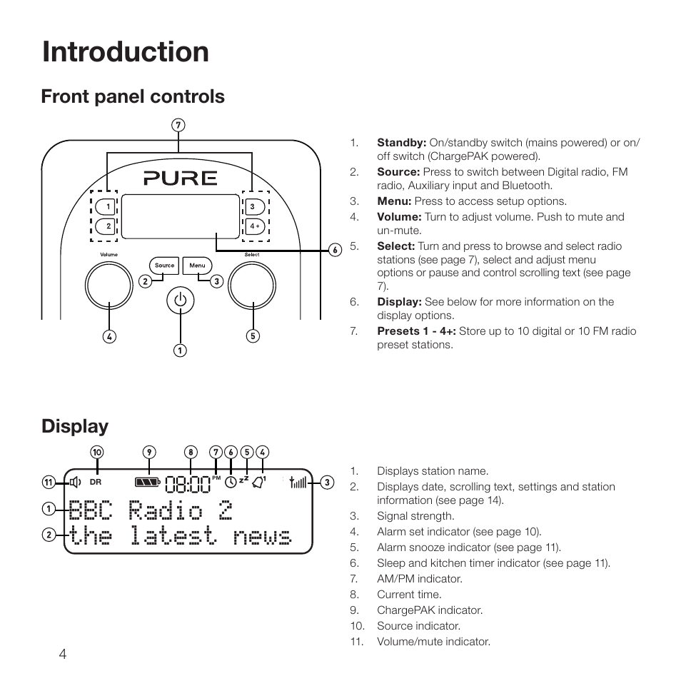 Introduction, The latest news bbc radio 2, Front panel controls | Display | Pure Evoke D2 with Bluetooth User Manual | Page 6 / 96