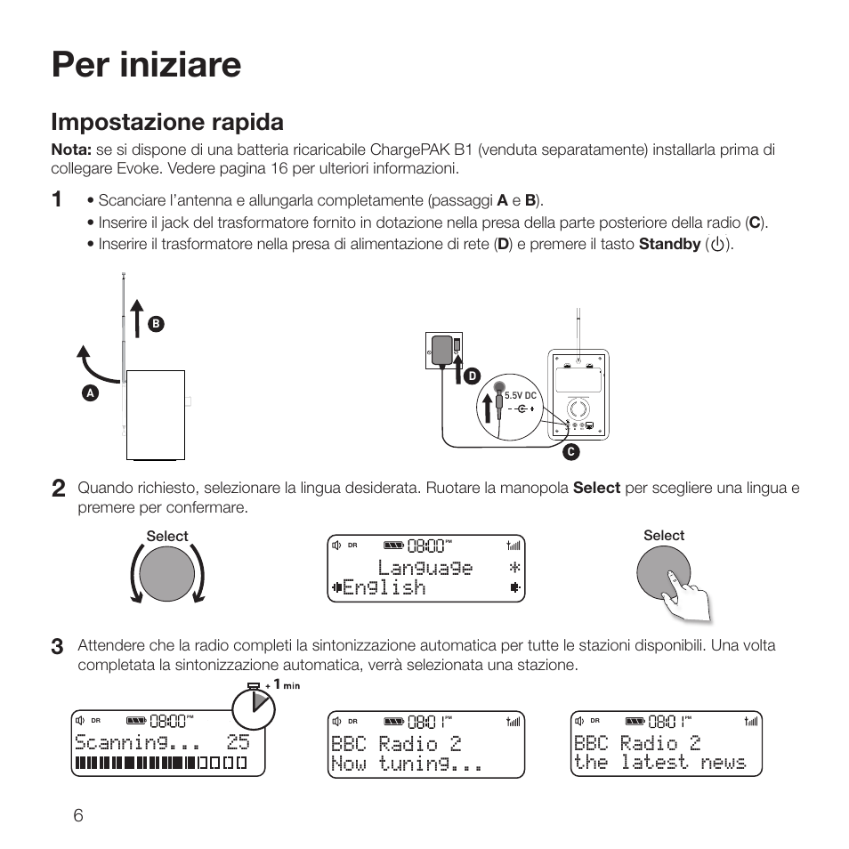 Per iniziare, Impostazione rapida, English language | Scanning, Now tuning... bbc radio 2, The latest news bbc radio 2 | Pure Evoke D2 with Bluetooth User Manual | Page 64 / 96