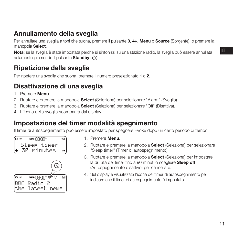 Annullamento della sveglia, Ripetizione della sveglia, Disattivazione di una sveglia | Impostazione del timer modalità spegnimento, The latest news bbc radio 2, Eses es, Sleep timer 30 minutes | Pure Evoke D2 with Bluetooth User Manual | Page 69 / 96