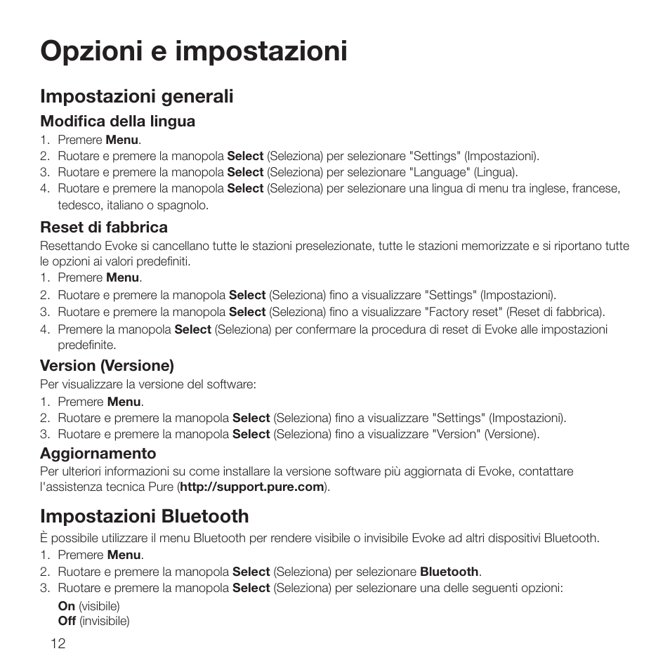 Opzioni e impostazioni, Impostazioni generali, Impostazioni bluetooth | Modifica della lingua, Reset di fabbrica, Version (versione), Aggiornamento | Pure Evoke D2 with Bluetooth User Manual | Page 70 / 96