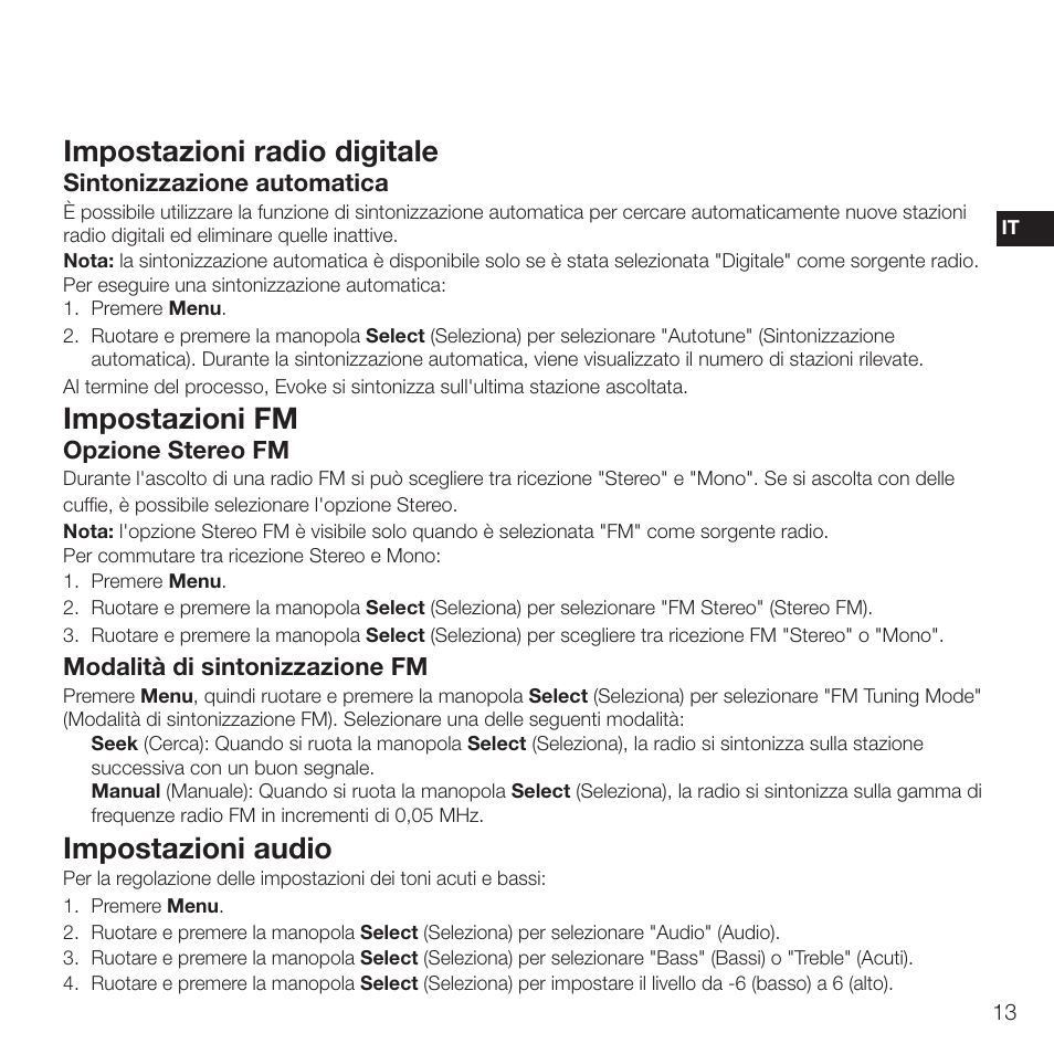 Impostazioni radio digitale, Impostazioni fm, Impostazioni audio | Eses es, Sintonizzazione automatica, Opzione stereo fm, Modalità di sintonizzazione fm | Pure Evoke D2 with Bluetooth User Manual | Page 71 / 96