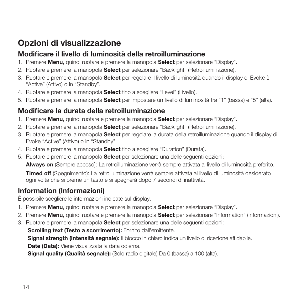 Opzioni di visualizzazione, Modificare la durata della retroilluminazione, Information (informazioni) | Pure Evoke D2 with Bluetooth User Manual | Page 72 / 96