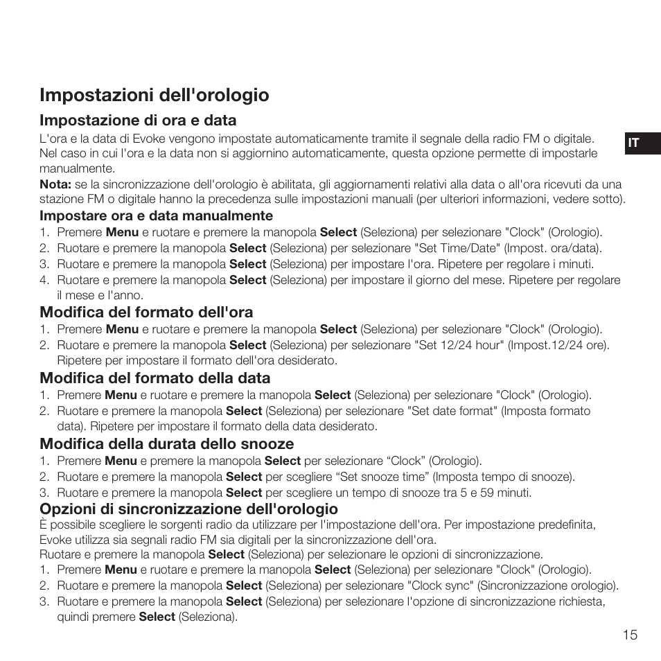 Impostazioni dell'orologio, Eses es, Impostazione di ora e data | Modifica del formato dell'ora, Modifica del formato della data, Opzioni di sincronizzazione dell'orologio, Modifica della durata dello snooze | Pure Evoke D2 with Bluetooth User Manual | Page 73 / 96