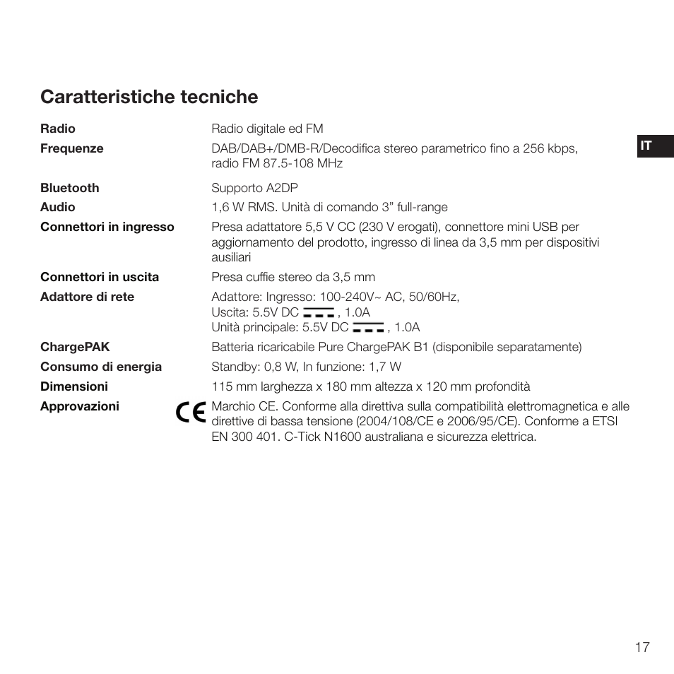 Caratteristiche tecniche, Eses es | Pure Evoke D2 with Bluetooth User Manual | Page 75 / 96