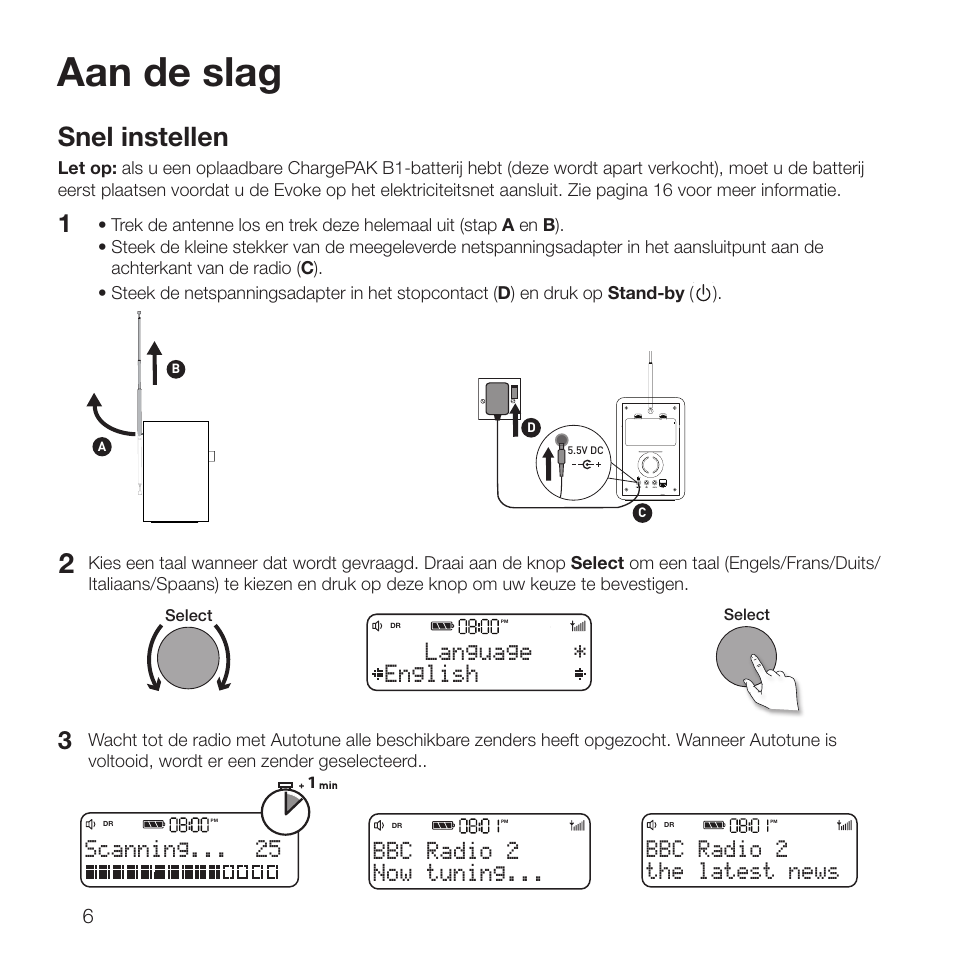 Aan de slag, Snel instellen, English language | Scanning, Now tuning... bbc radio 2, The latest news bbc radio 2 | Pure Evoke D2 with Bluetooth User Manual | Page 82 / 96