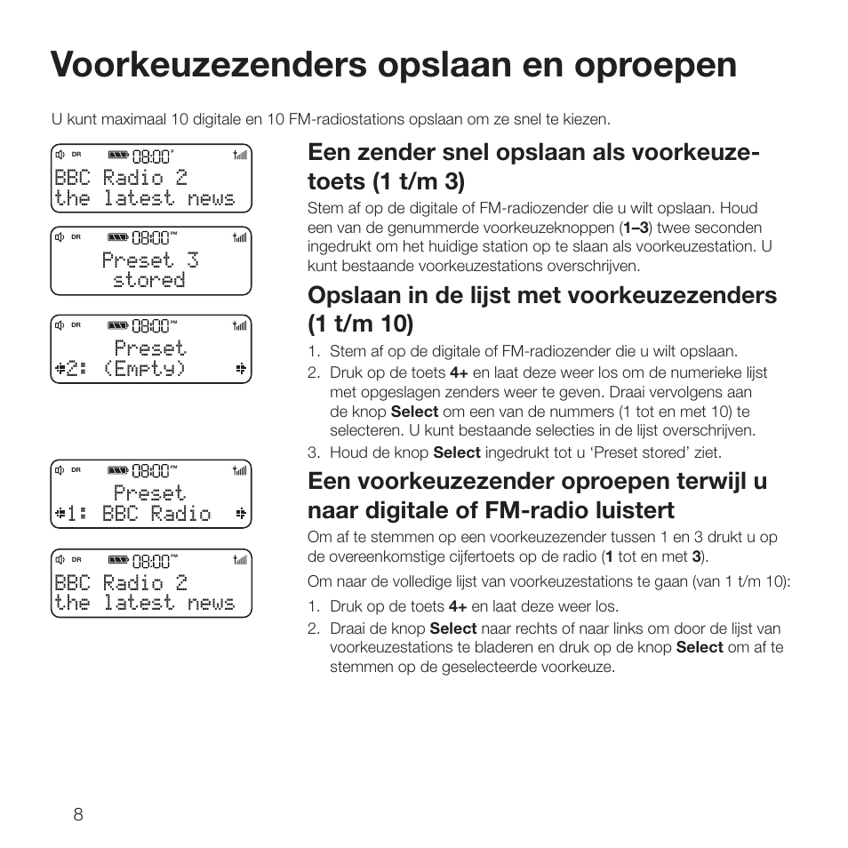 Voorkeuzezenders opslaan en oproepen, Stored preset 3, (empty) preset the latest news bbc radio 2 | Bbc radio preset the latest news bbc radio 2 | Pure Evoke D2 with Bluetooth User Manual | Page 84 / 96