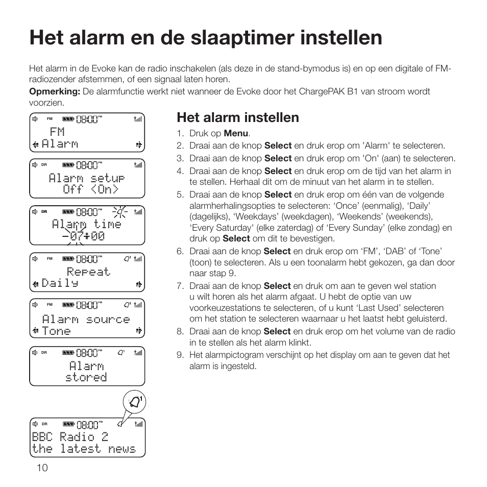 Het alarm en de slaaptimer instellen, Het alarm instellen, The latest news bbc radio 2 | Off <on> alarm setup, 00 alarm time, Stored alarm, Fm alarm, Repeat daily, Alarm source tone | Pure Evoke D2 with Bluetooth User Manual | Page 86 / 96