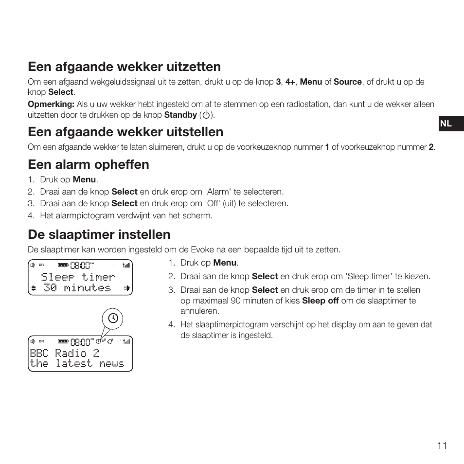 Een afgaande wekker uitzetten, Een afgaande wekker uitstellen, Een alarm opheffen | De slaaptimer instellen, The latest news bbc radio 2, Sleep timer 30 minutes | Pure Evoke D2 with Bluetooth User Manual | Page 87 / 96