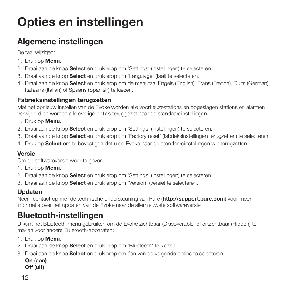 Opties en instellingen, Algemene instellingen, Bluetooth-instellingen | Pure Evoke D2 with Bluetooth User Manual | Page 88 / 96
