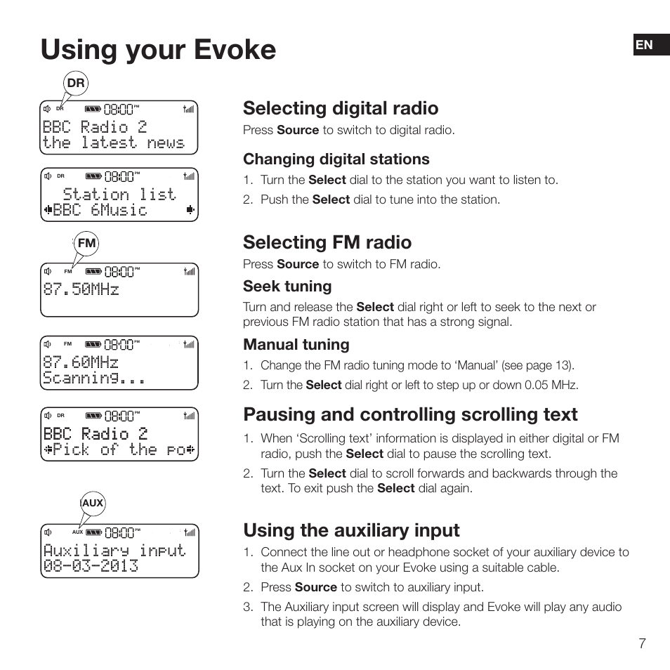 50mhz the latest news bbc radio 2, Using your evoke, Selecting digital radio | Selecting fm radio, Using the auxiliary input, Pausing and controlling scrolling text, The latest news bbc radio 2, Bbc 6music station list, Pick of the po bbc radio 2 bbc radio 2 | Pure Evoke D2 with Bluetooth User Manual | Page 9 / 96