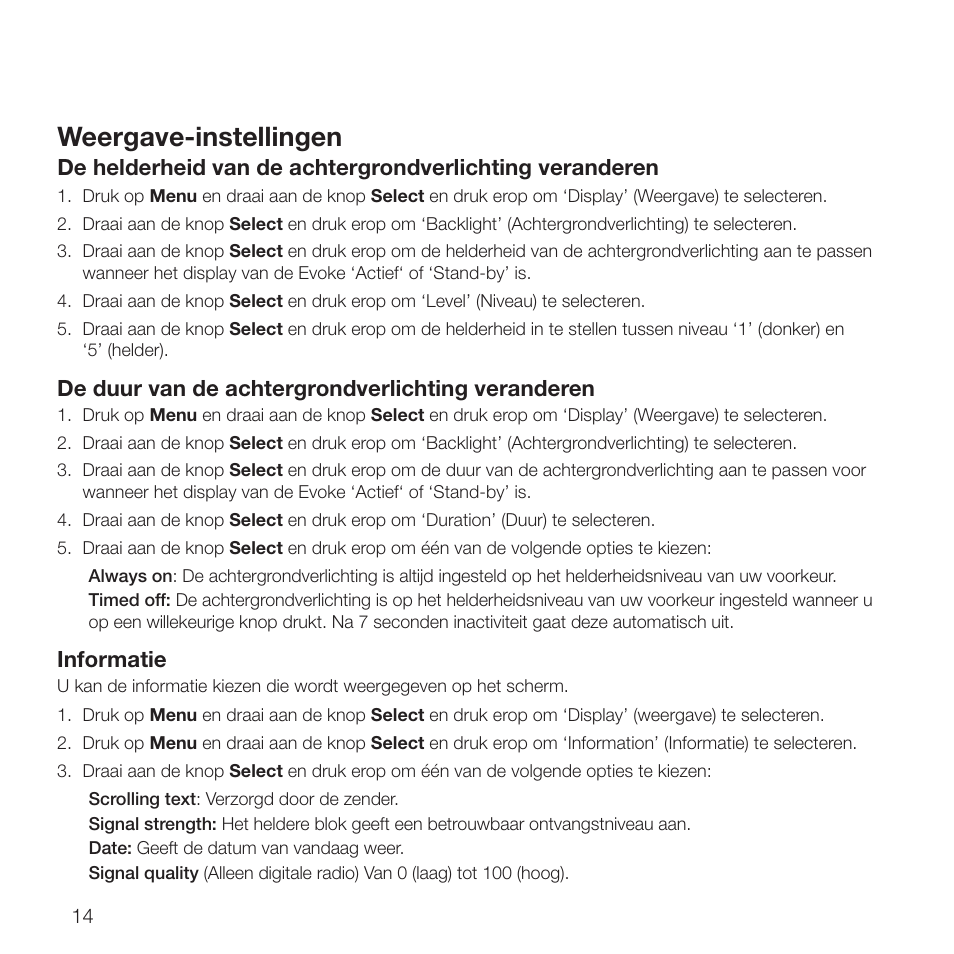 Weergave-instellingen, De duur van de achtergrondverlichting veranderen | Pure Evoke D2 with Bluetooth User Manual | Page 90 / 96