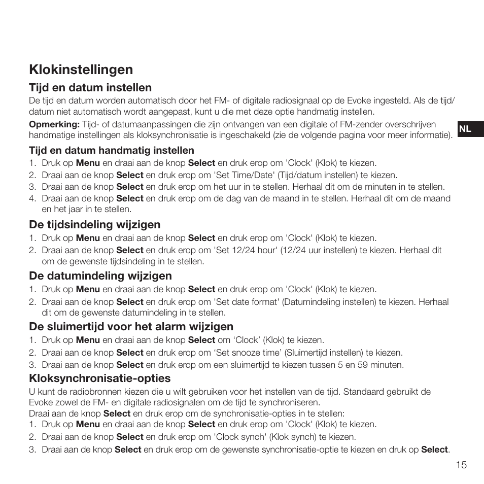 Klokinstellingen, Tijd en datum instellen, De tijdsindeling wijzigen | De datumindeling wijzigen, Kloksynchronisatie-opties, De sluimertijd voor het alarm wijzigen | Pure Evoke D2 with Bluetooth User Manual | Page 91 / 96