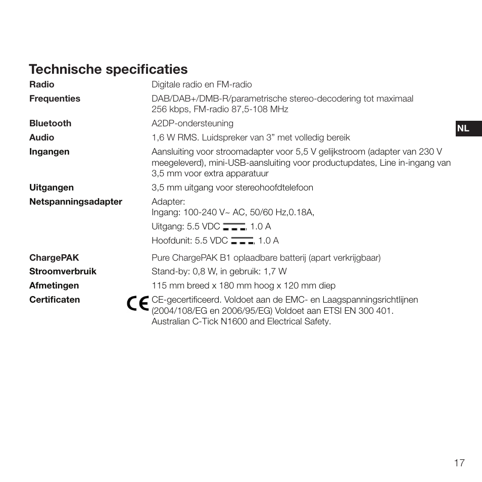 Technische specificaties | Pure Evoke D2 with Bluetooth User Manual | Page 93 / 96