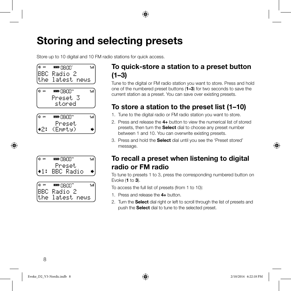 Storing and selecting presets, Stored preset 3, (empty) preset the latest news bbc radio 2 | Bbc radio preset the latest news bbc radio 2 | Pure Evoke D2 User Manual | Page 10 / 36