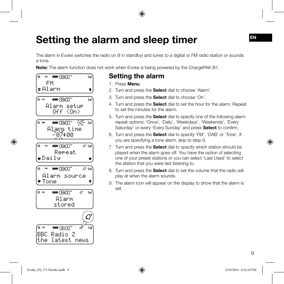 Setting the alarm and sleep timer, Setting the alarm, The latest news bbc radio 2 | Off <on> alarm setup, 00 alarm time, Stored alarm, Fm alarm, Repeat daily, Alarm source tone | Pure Evoke D2 User Manual | Page 11 / 36