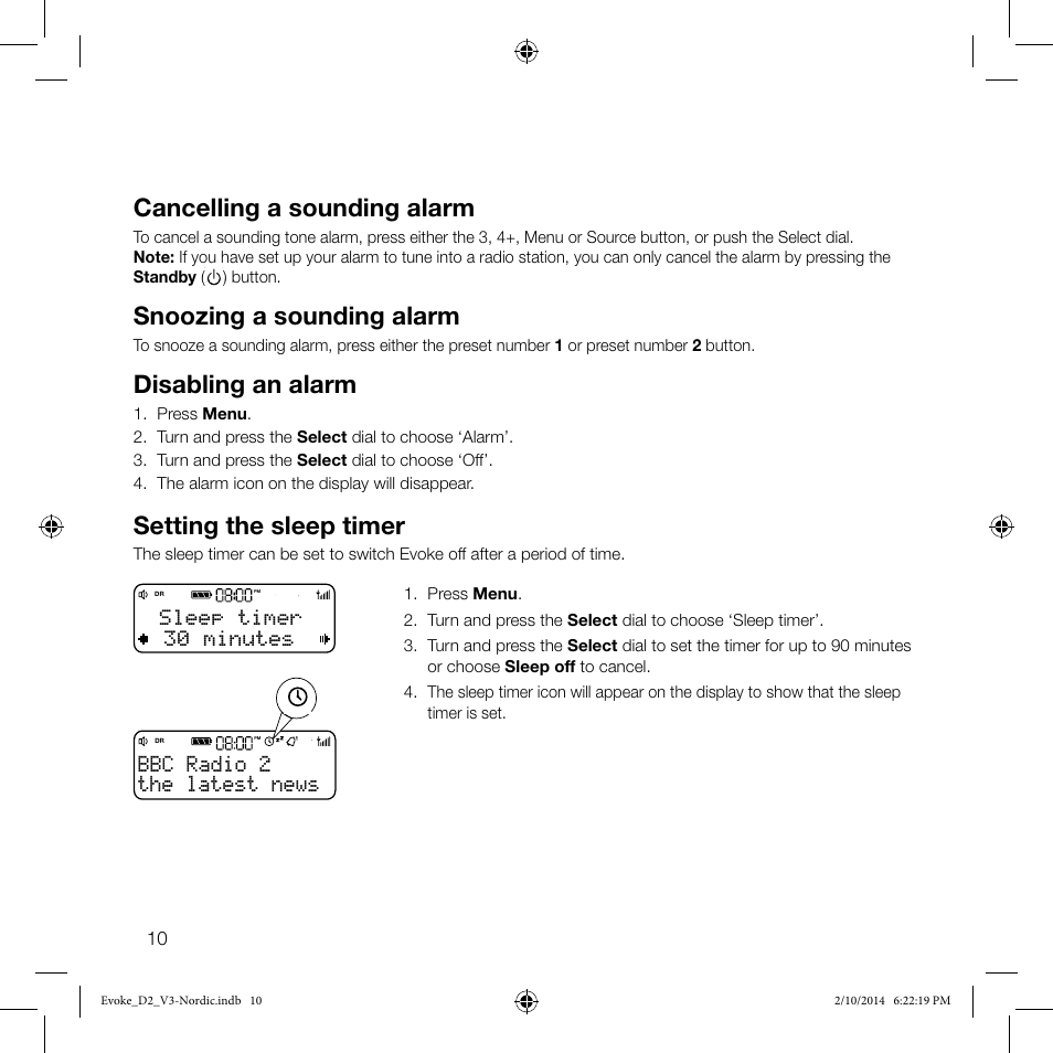 Cancelling a sounding alarm, Snoozing a sounding alarm, Disabling an alarm | Setting the sleep timer, The latest news bbc radio 2 | Pure Evoke D2 User Manual | Page 12 / 36