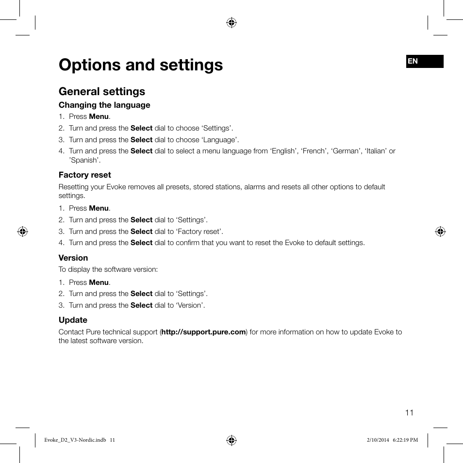 Options and settings, General settings | Pure Evoke D2 User Manual | Page 13 / 36